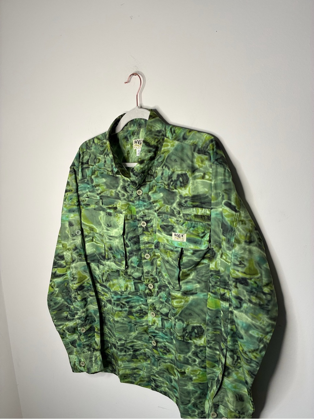 Aqua Men’s M Green Water Camouflage Vented Fishing Button-Up Grunge Shirt